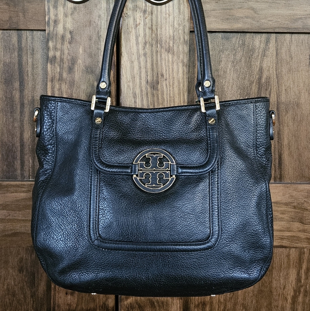Tory Burch Amanda Hobo Black Satchel Tote Purse Bag Shoulder Handbag Leather